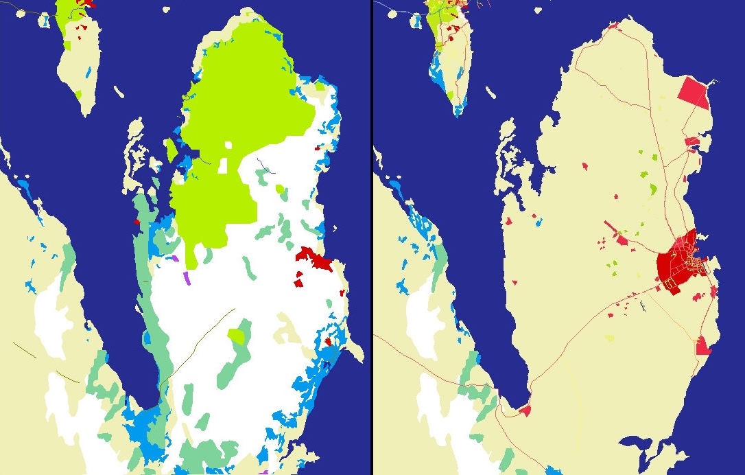 Improved land class data for Qatar, which is in turn used to build scenery in the sim